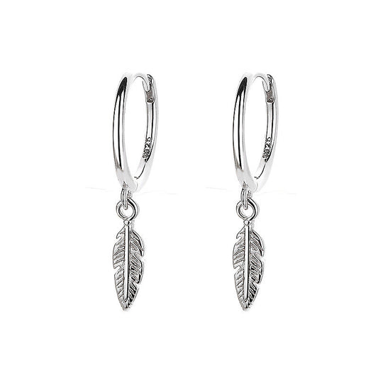 Earrings on soft grey or natural background. Alt: “Sterling Silver Feather Hoop Drop Earrings – Bohemian Feather Jewelry.”