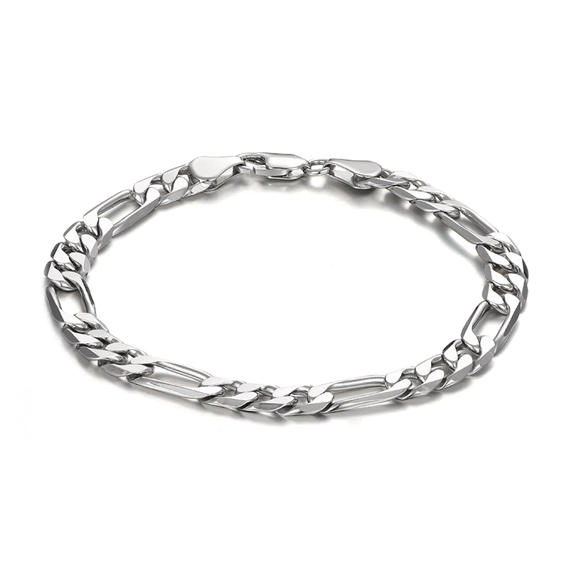 "Sterling silver Figaro chain bracelet minimalist streetwear design flat lay"