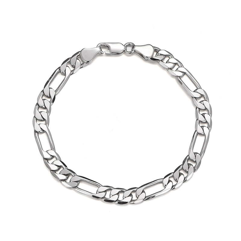 "Sterling silver Figaro chain bracelet minimalist streetwear design flat lay"