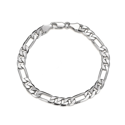 "Sterling silver Figaro chain bracelet minimalist streetwear design flat lay"