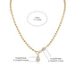 Gold necklace with a teardrop pendant and measurements on a white background