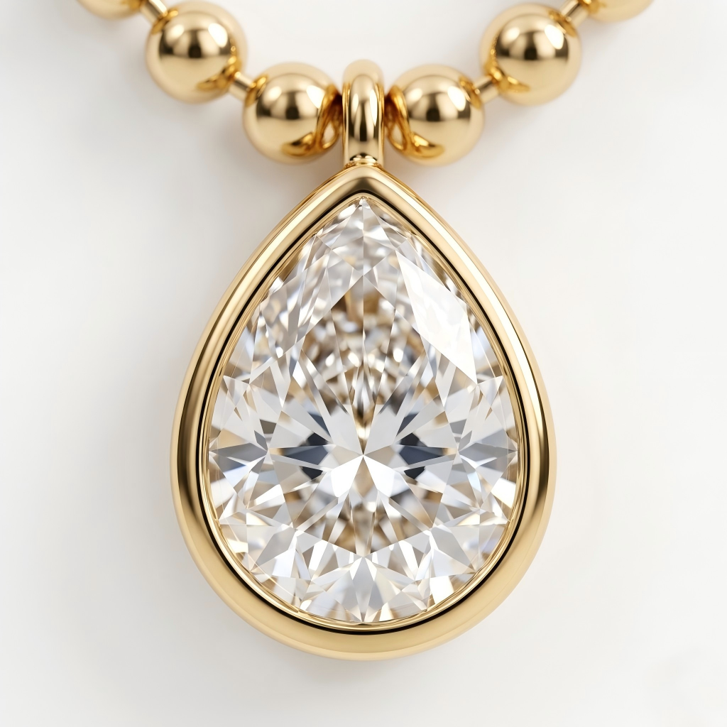 Extreme close-up of both pear-cut pendants showing the facet patterns and settings.