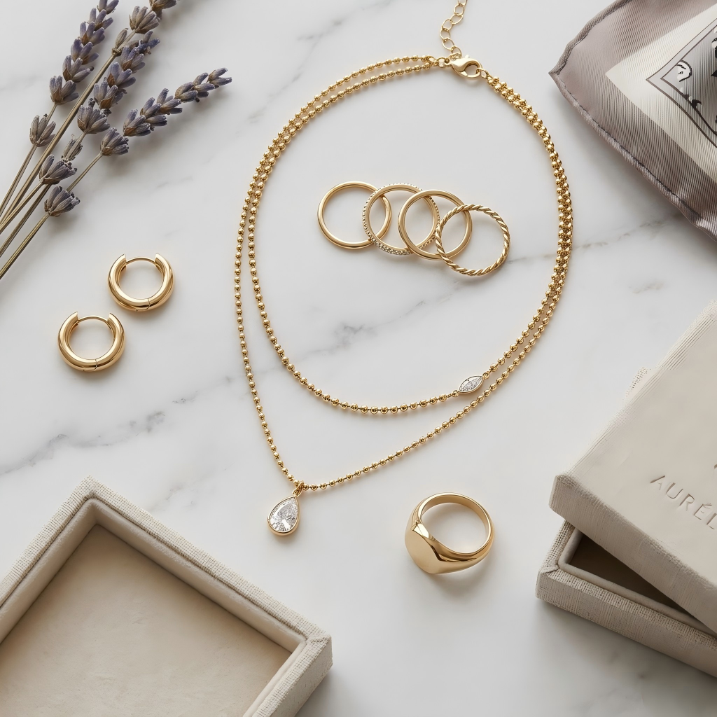 Gold jewelry set including necklace, rings, and earrings on a marble surface with a box and lavender flowers.