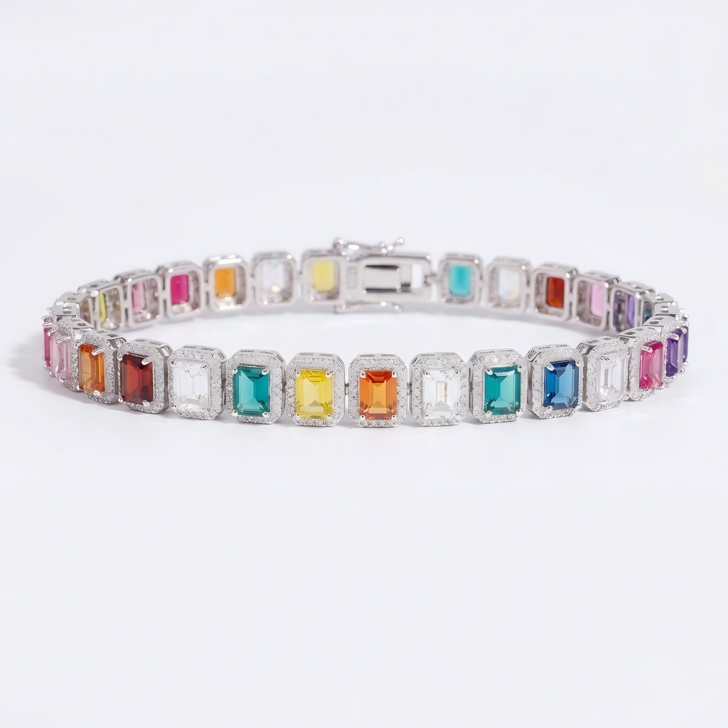 High-definition shot of the bracelet laid flat and fully extended on pure white background.