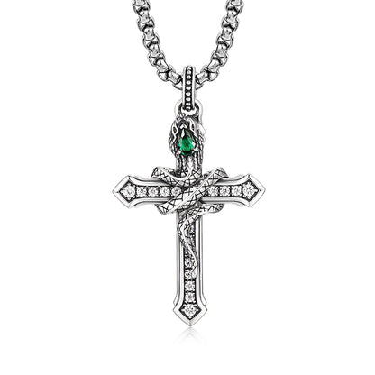 “Men’s sterling silver serpent cross necklace flat lay on white background”