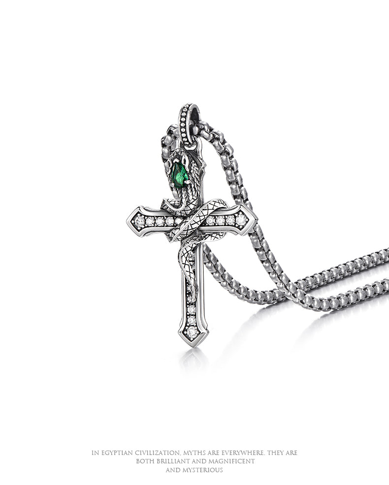 “Snake wrapped cross pendant unique men’s silver jewelry product photo”