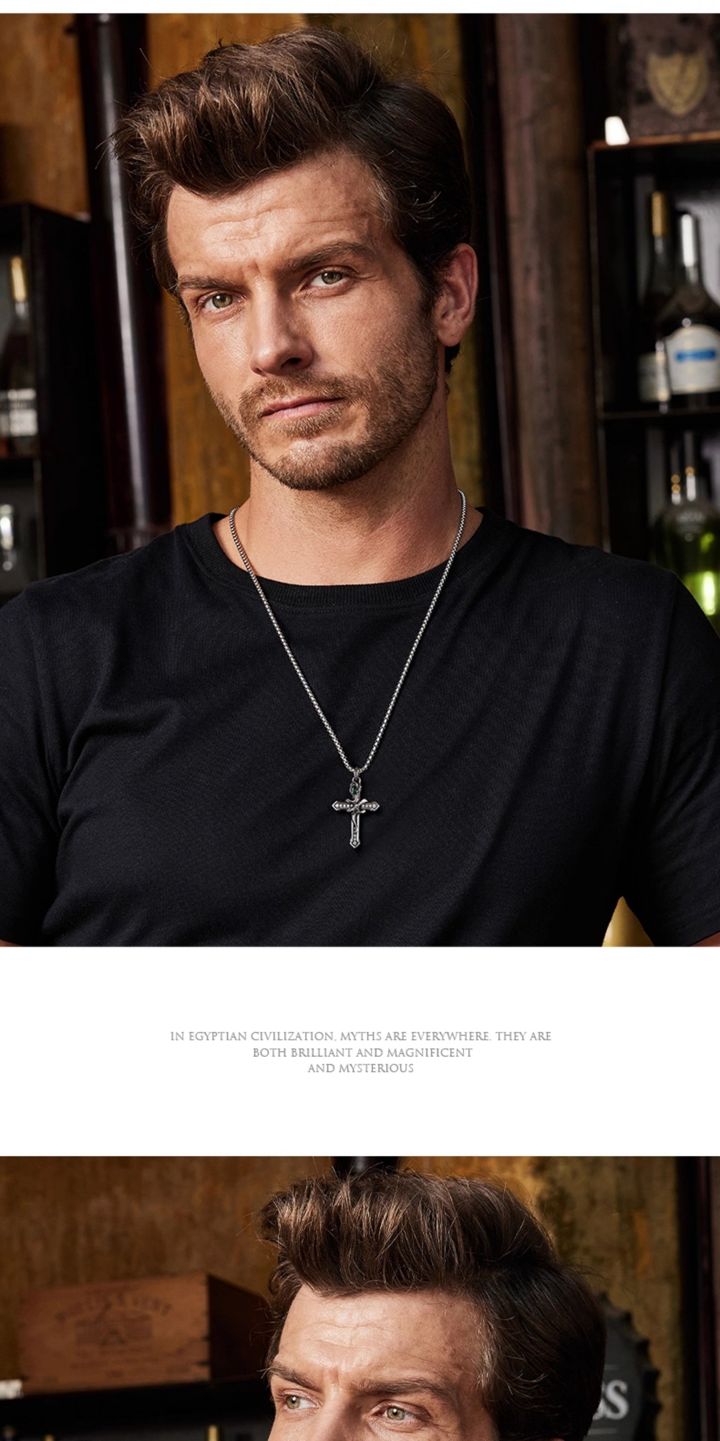 “Male model wearing serpent cross necklace in gothic masculine style”