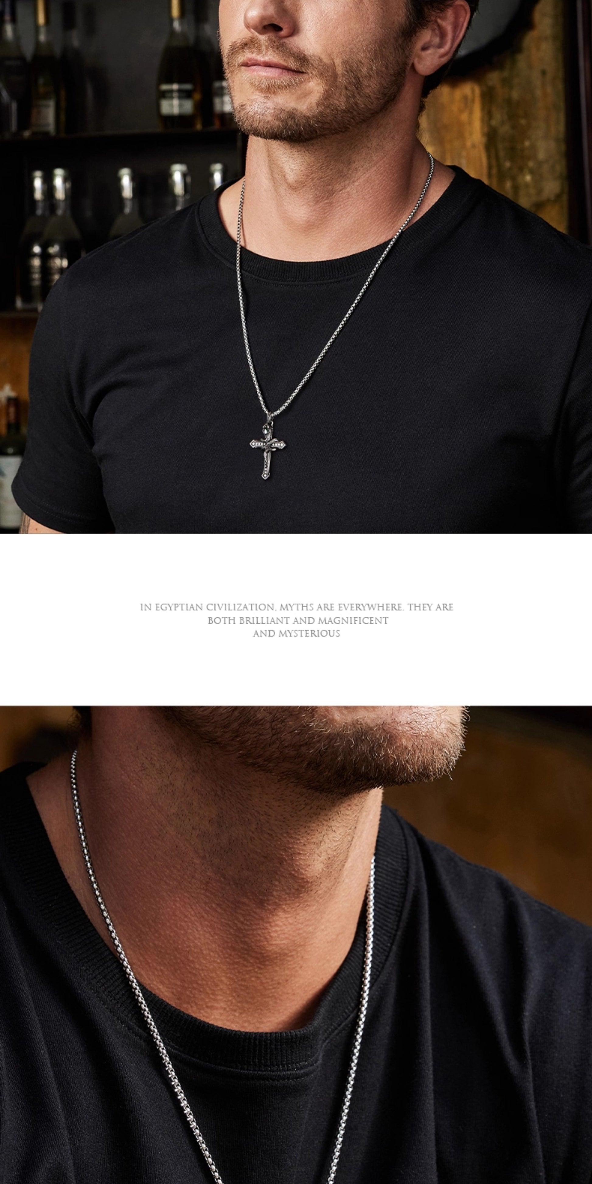 “Male model wearing serpent cross necklace in gothic masculine style”