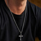 “Unique snake cross pendant styled with men’s casual outfit”