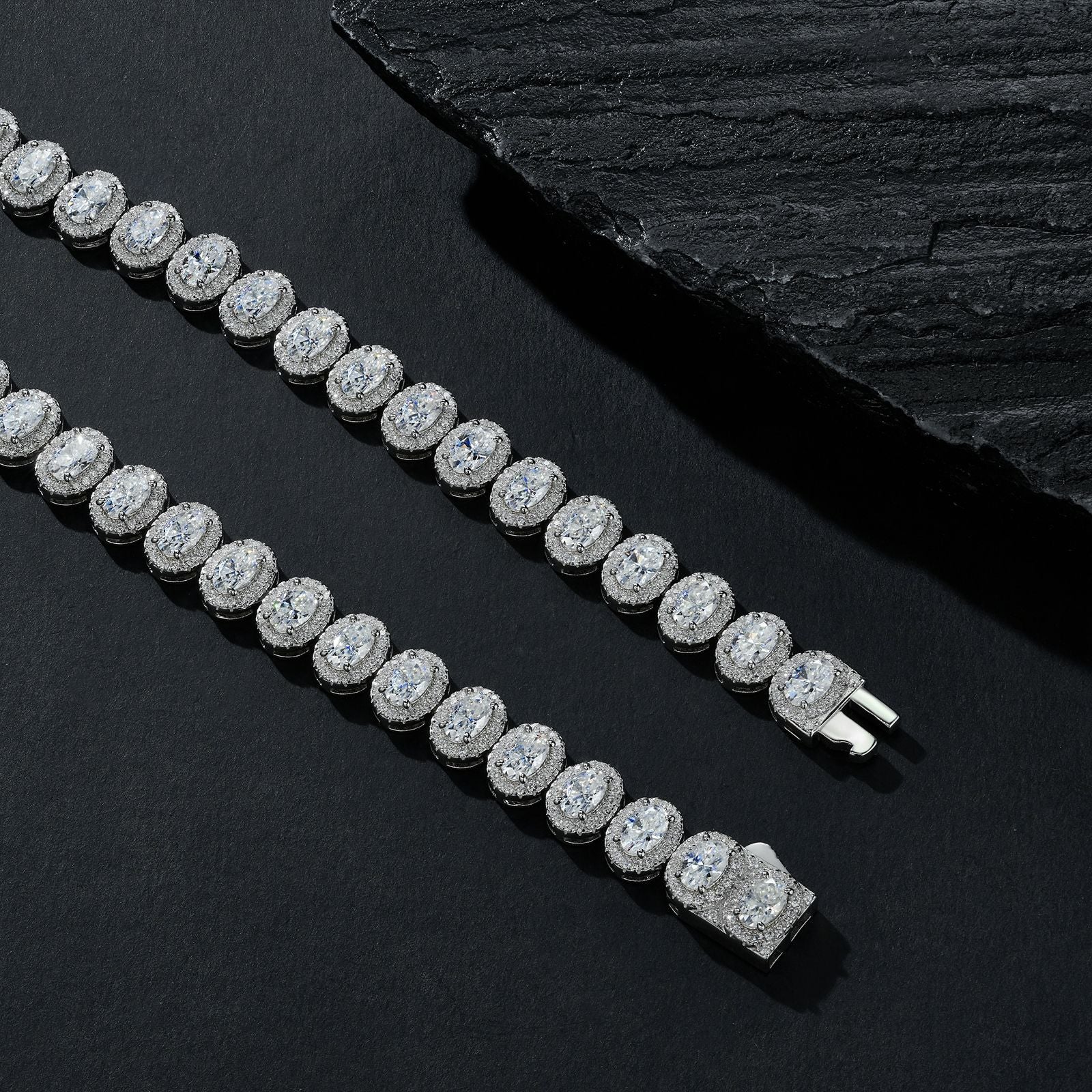 High-definition shot of the necklace laid flat and fully extended on pure white background.