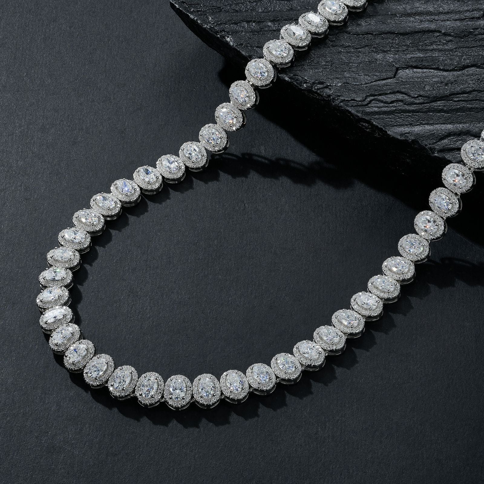 High-definition shot of the necklace laid flat and fully extended on pure white background.