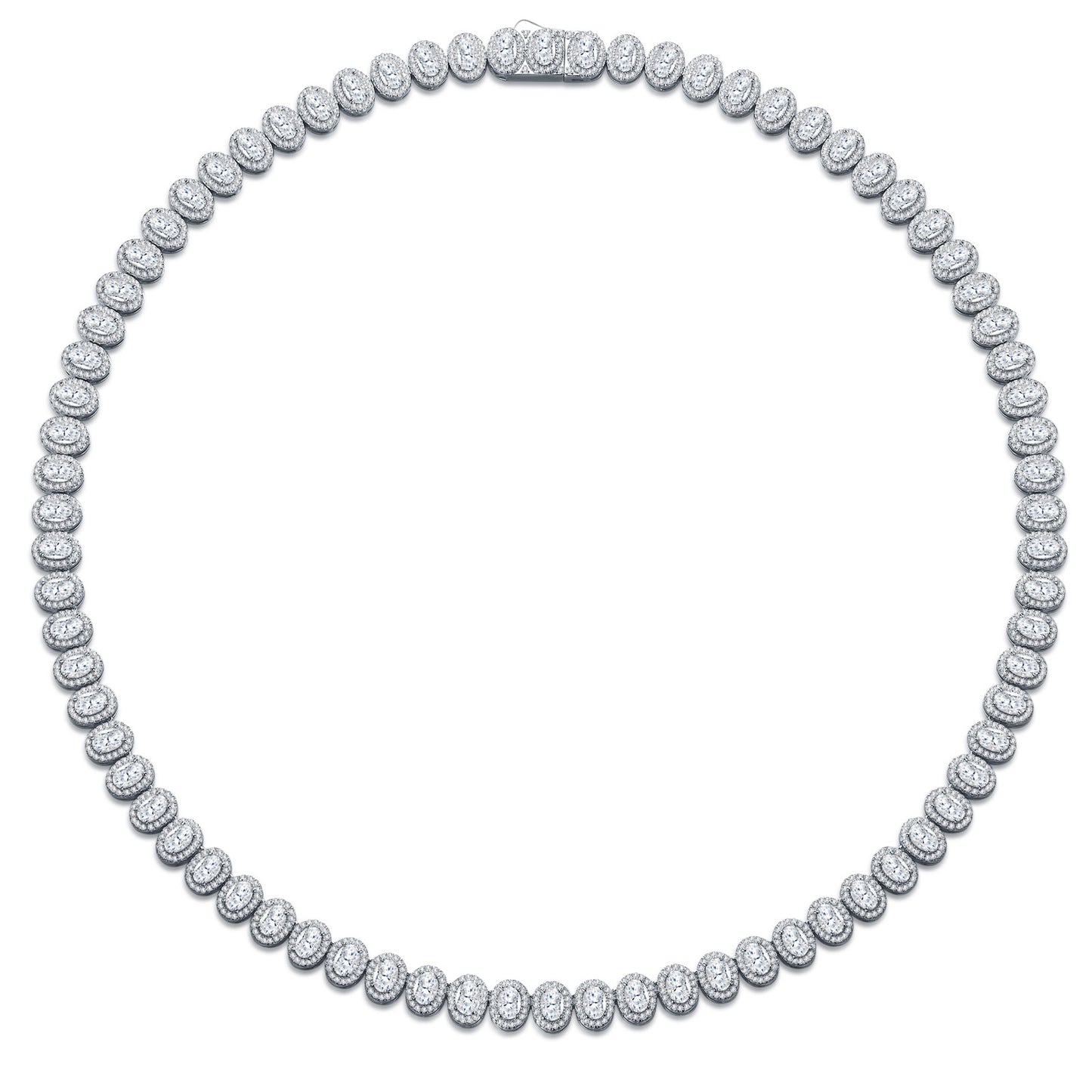 High-definition shot of the necklace laid flat and fully extended on pure white background.