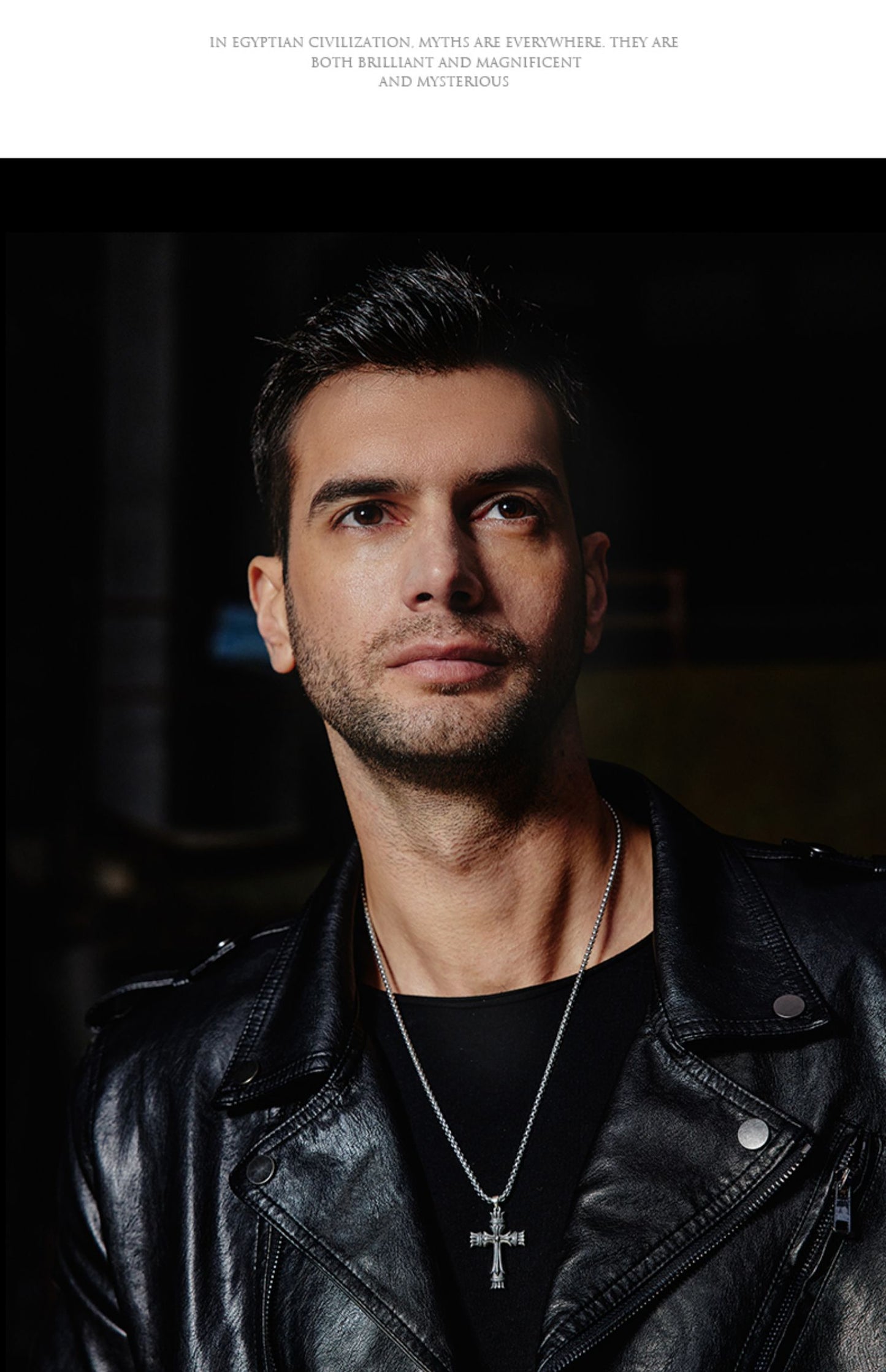 “Male model wearing vintage sterling silver cross necklace, rugged street style”