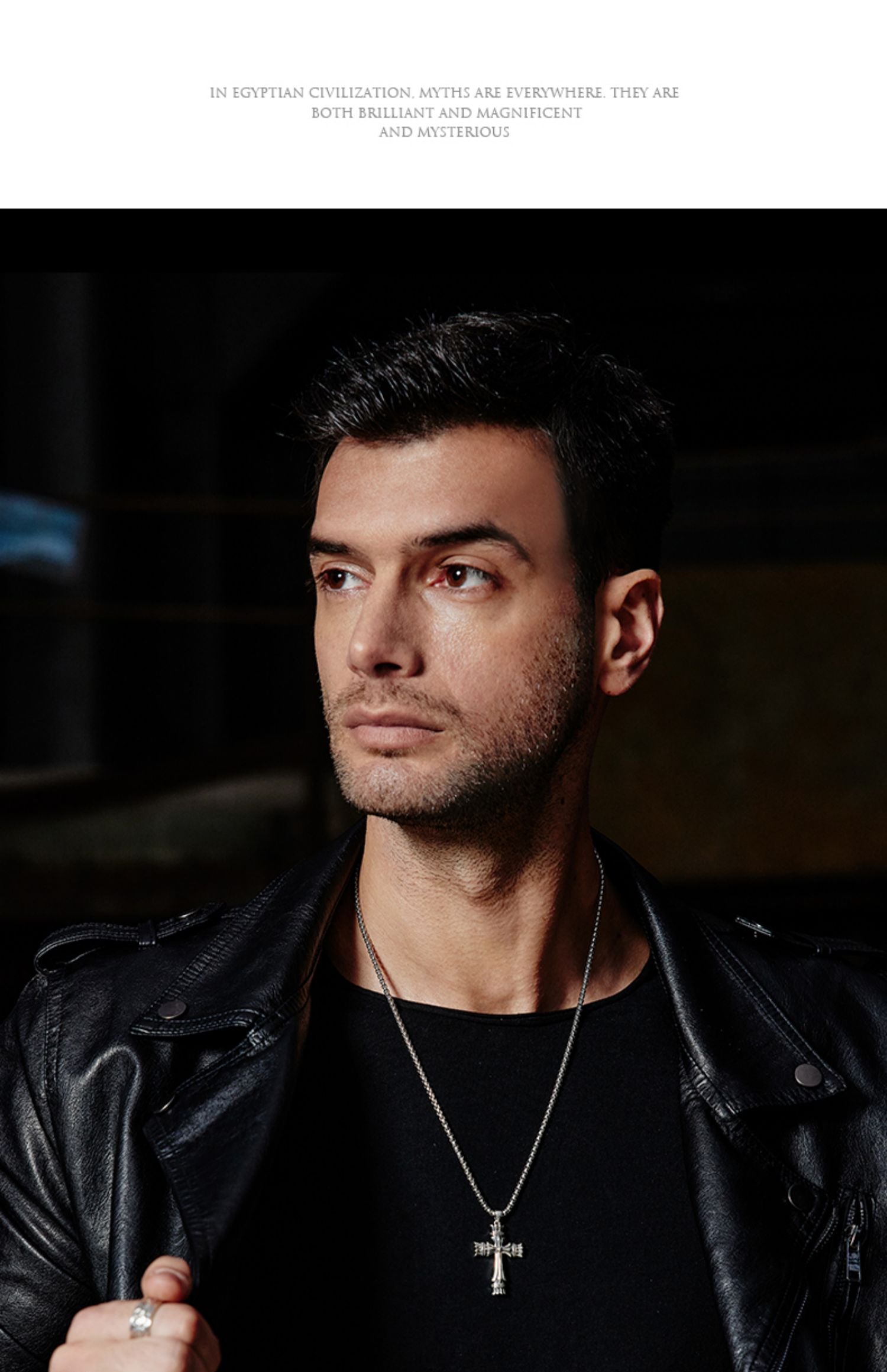 “Male model wearing vintage sterling silver cross necklace, rugged street style”