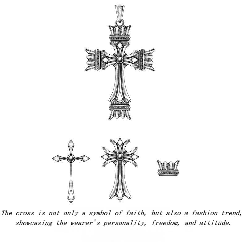 Collection of silver cross pendants on a white background with text.