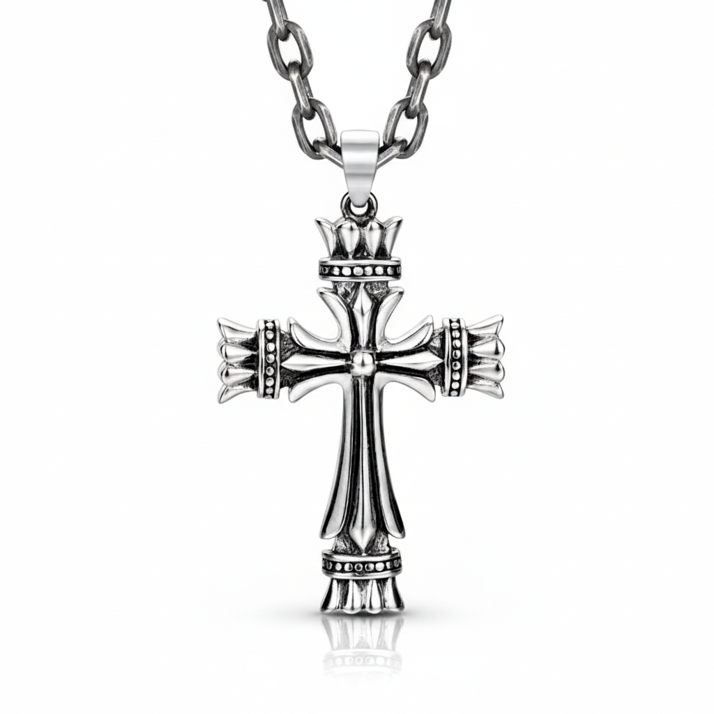 “Men’s sterling silver vintage cross necklace flat lay on white background”