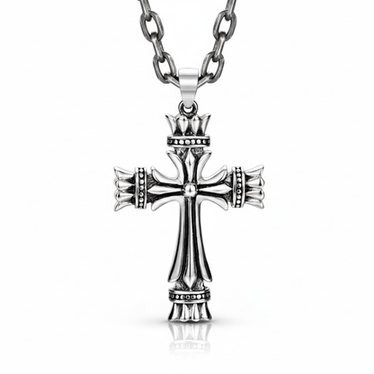 “Men’s sterling silver vintage cross necklace flat lay on white background”