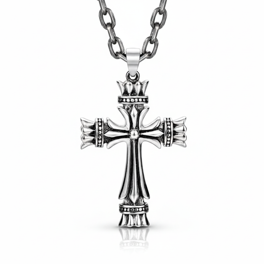 “Men’s sterling silver vintage cross necklace flat lay on white background”