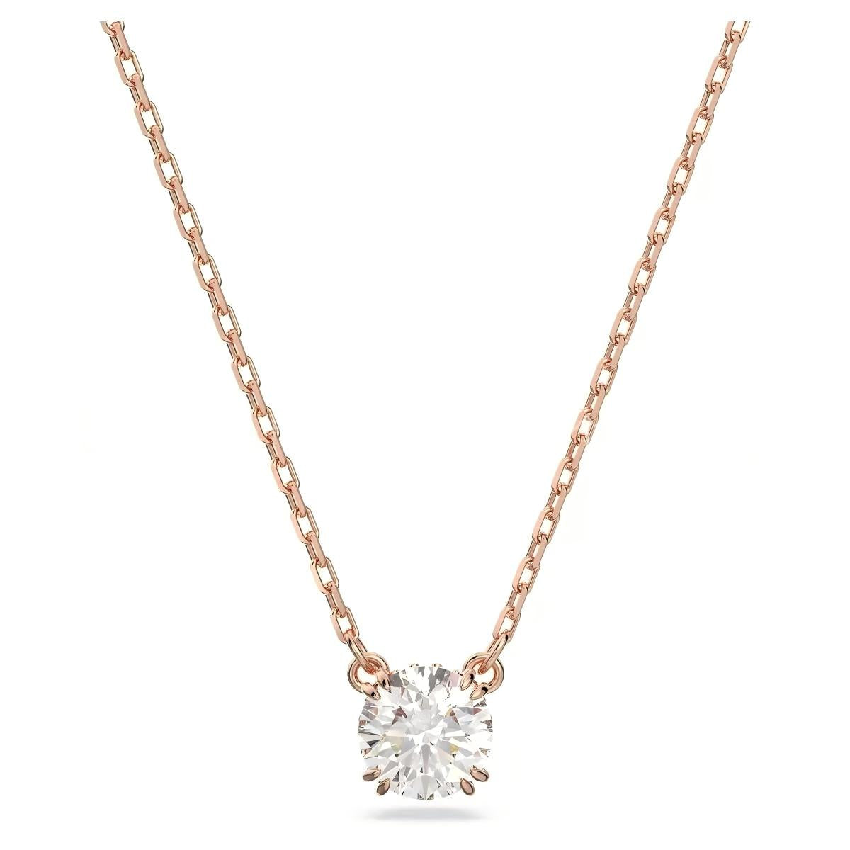 Rose gold necklace with a diamond pendant on a white background
