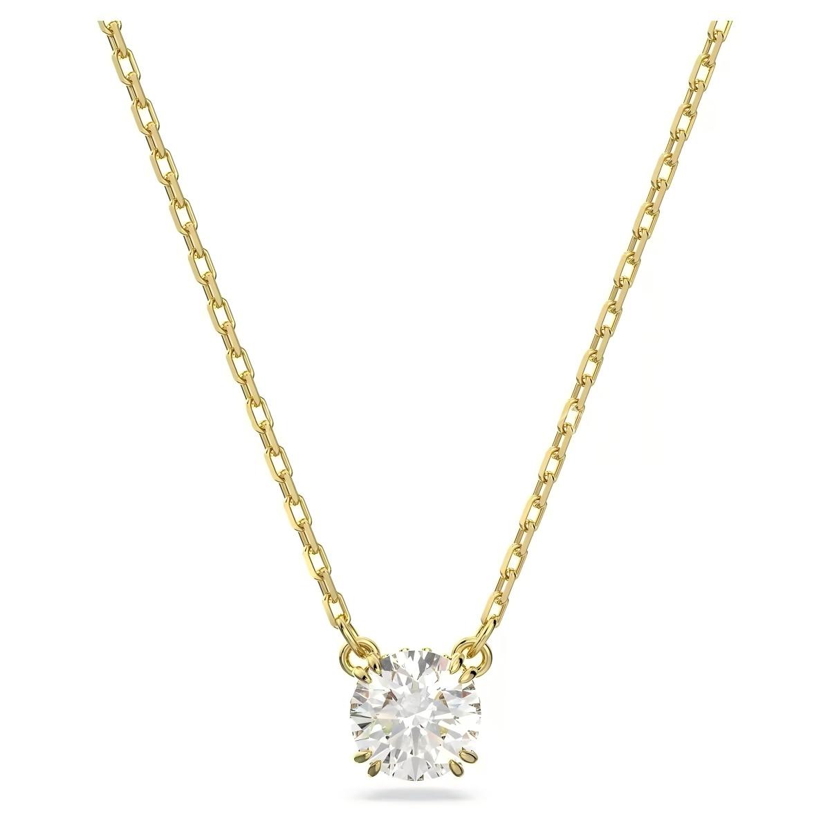 Gold necklace with a round diamond pendant on a white background