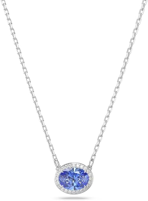 Silver necklace with a blue gemstone pendant on a white background