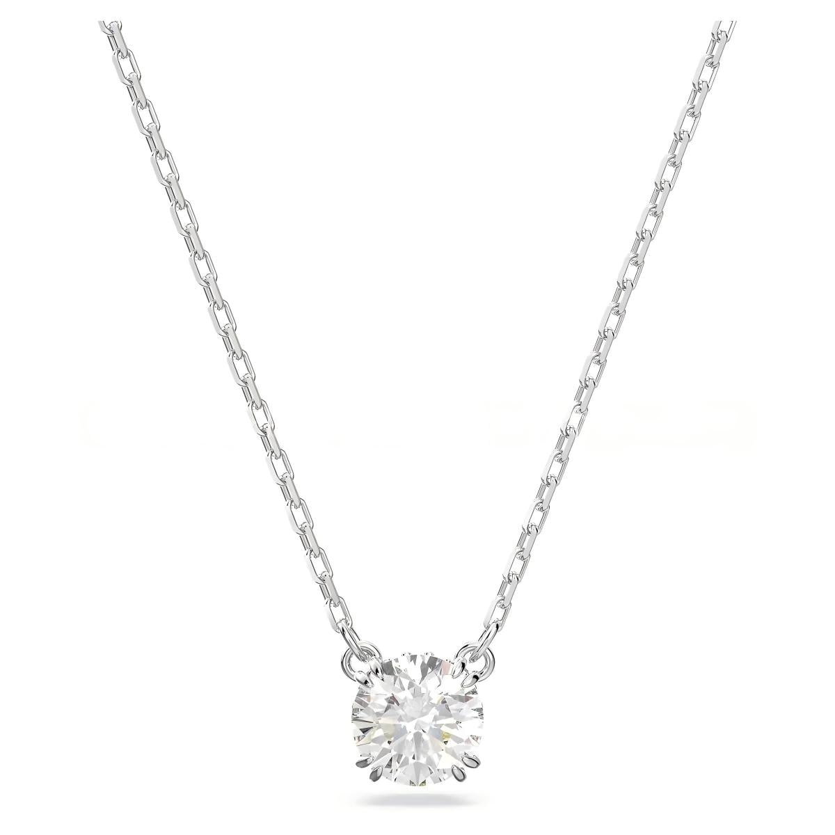 Silver necklace with a round diamond pendant on a white background