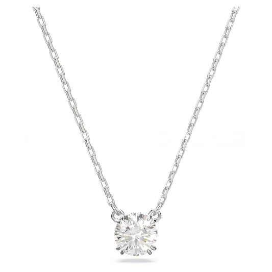 Silver necklace with a round diamond pendant on a white background