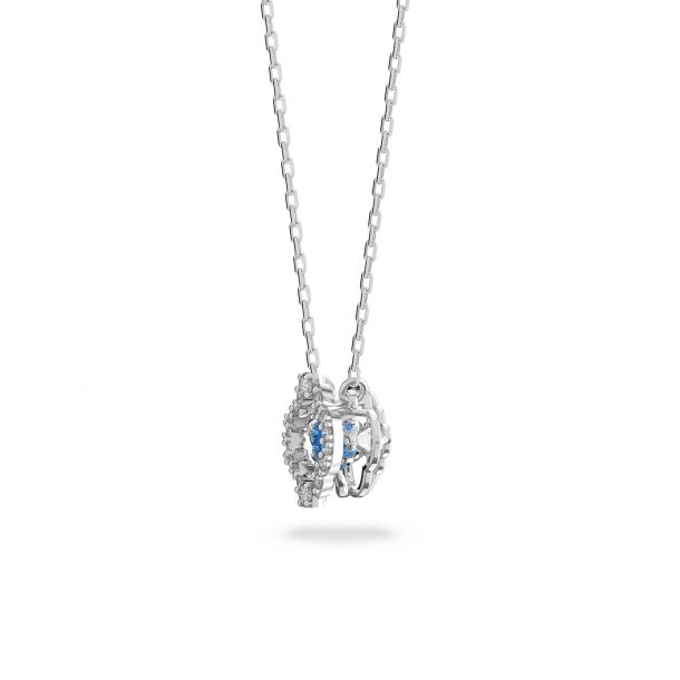 Swarovski Crystal Blue Dancing Clover NecklaceSilver necklace with a heart-shaped pendant on a white background