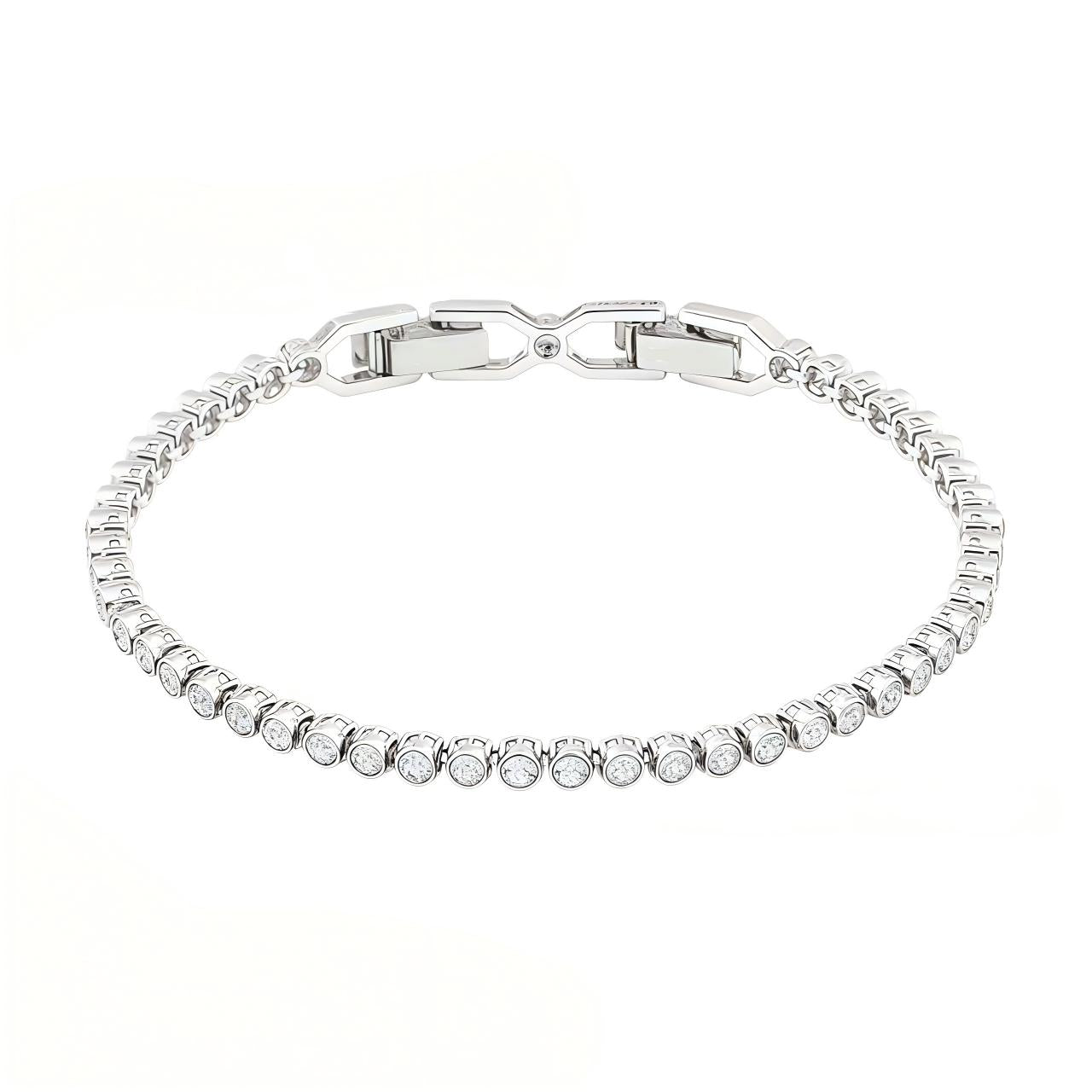 Silver bracelet with clear stones on a white background