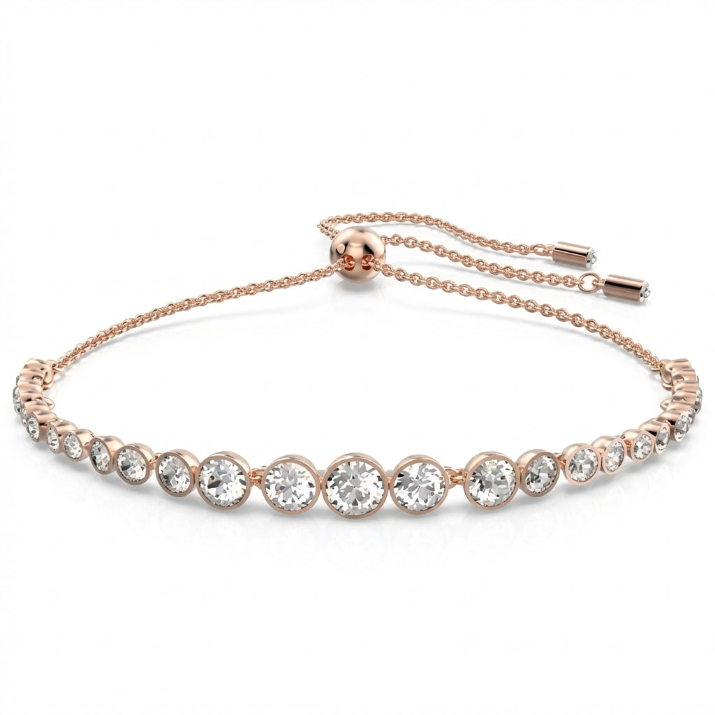 Rose gold bracelet with clear stones on a white background