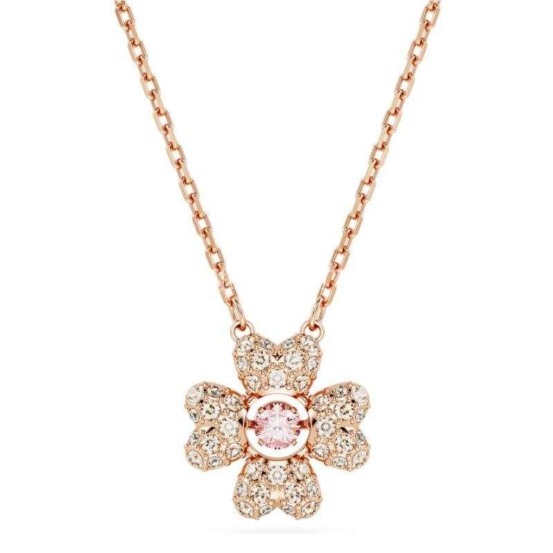 Swarovski Idyllia Pendant - Clover, GreenRose gold necklace with a flower-shaped pendant on a white background
