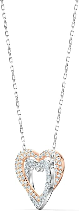 Heart-shaped necklace with two interlocking hearts, one rose gold and one silver, on a white background.