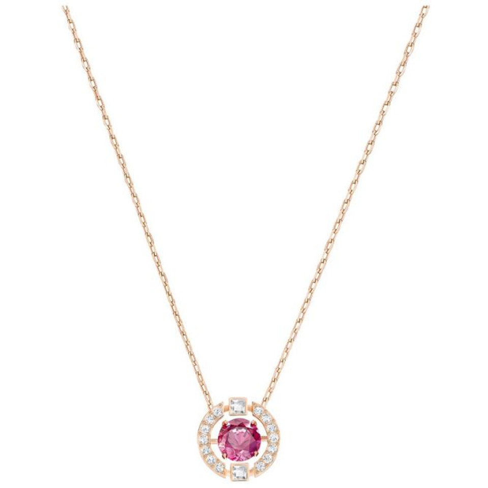 Swarovski Sparkling Dance Round Red Crystal Pendant in Rose GoldRose gold necklace with a pink gemstone pendant on a white background