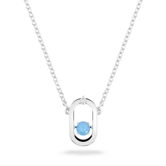 Swarovski Sparkling Dance necklace, Round cut, OvalSilver necklace with a blue gemstone pendant on a white background