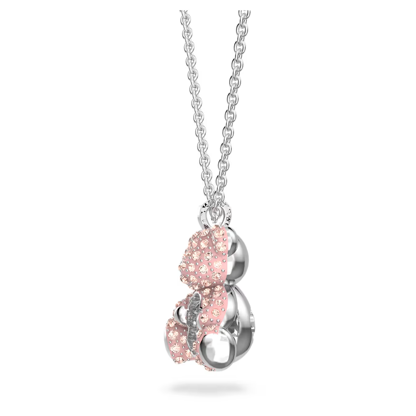 Swarovski Teddy pendant Bear, Pink, Rhodium platedSilver necklace with a pink pendant on a white background