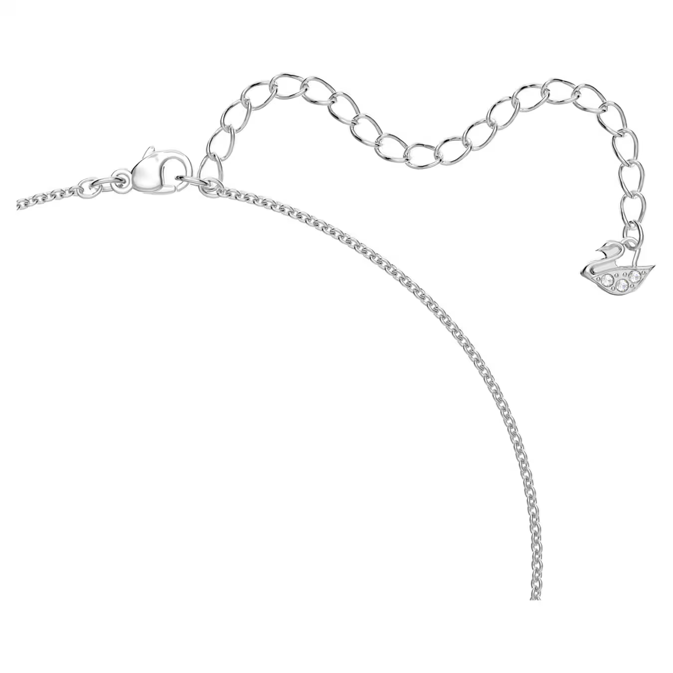 Swarovski Teddy pendant Bear, Pink, Rhodium platedSilver chain bracelet with a heart-shaped clasp on a white background