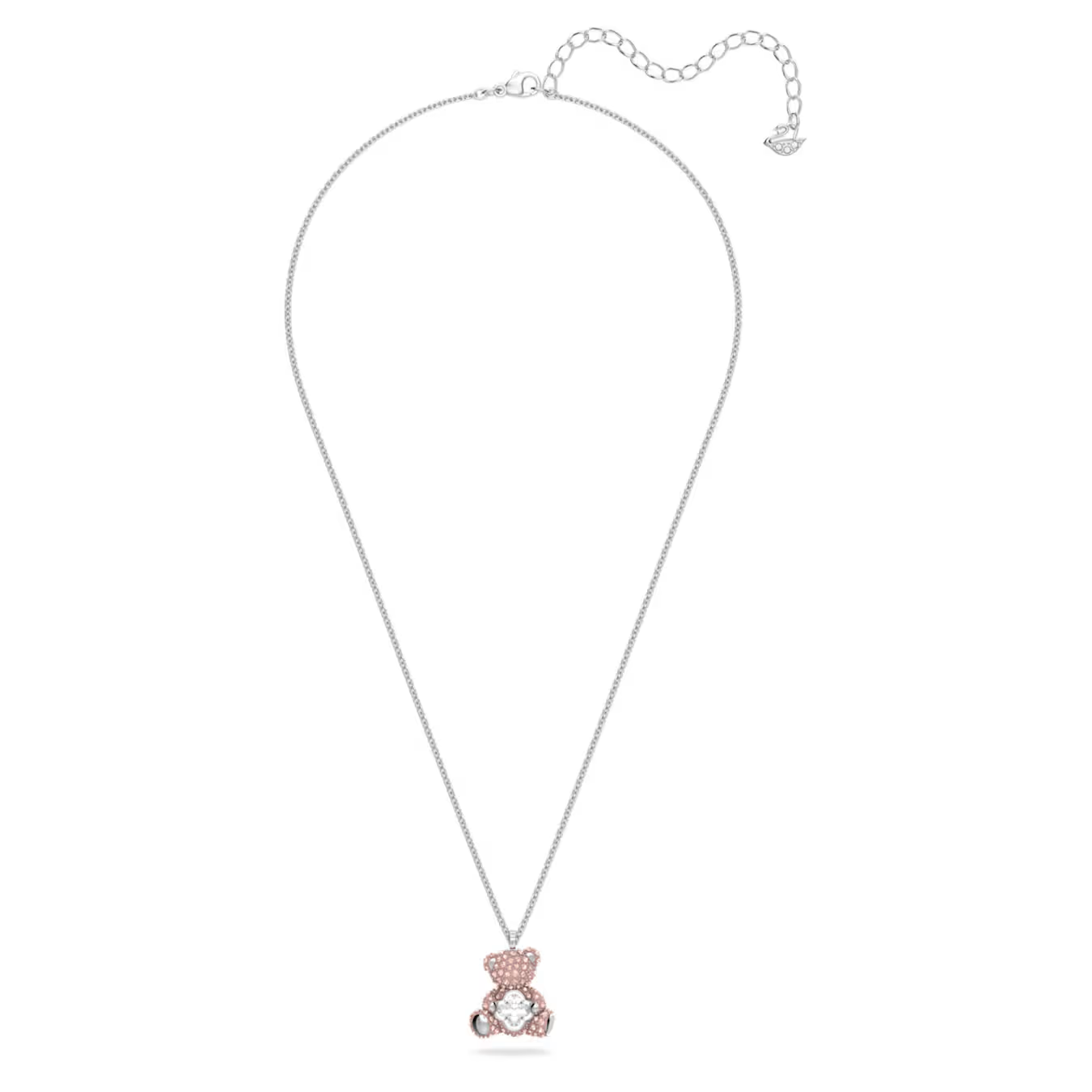 Swarovski Teddy pendant Bear, Pink, Rhodium platedNecklace with a teddy bear pendant on a white background
