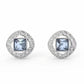 Pair of silver earrings with square gemstones on a white background