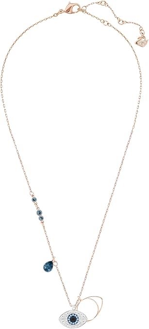 Necklace with blue gemstones and an evil eye pendant on a white background