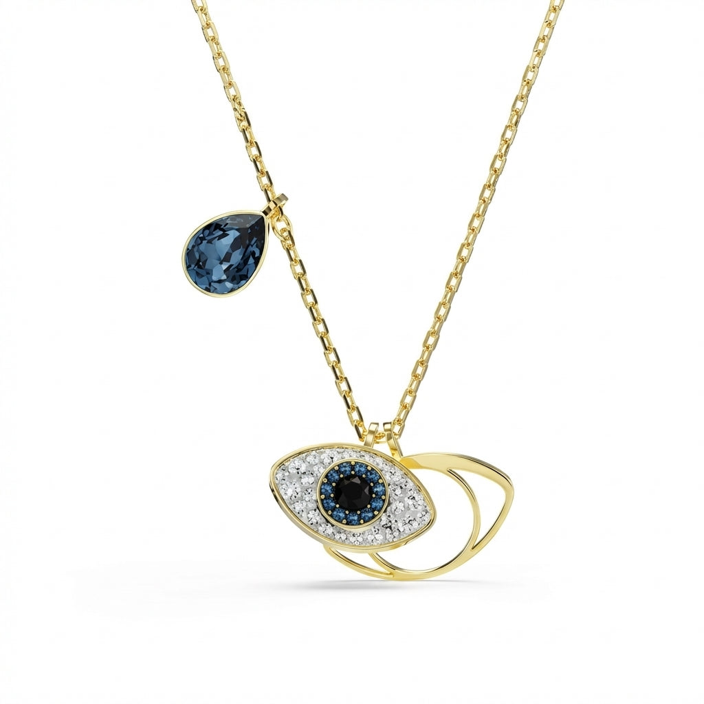 Gold necklace with blue gemstone pendant on a white background