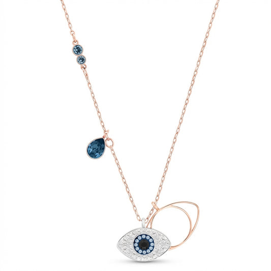Necklace with blue gemstones and a silver evil eye pendant on a white background