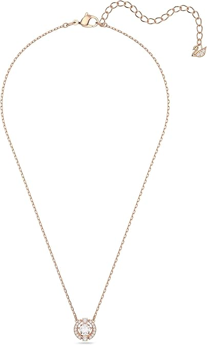 Swarovski Women's Una Crystal Jewelry Collection, Rose Gold Tone FinishRose gold necklace with a small round pendant on a white background