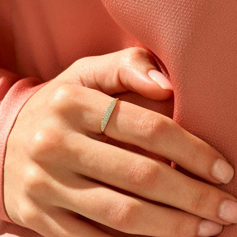 “Model wearing minimalist full-pavé silver ring showing refined sparkle”