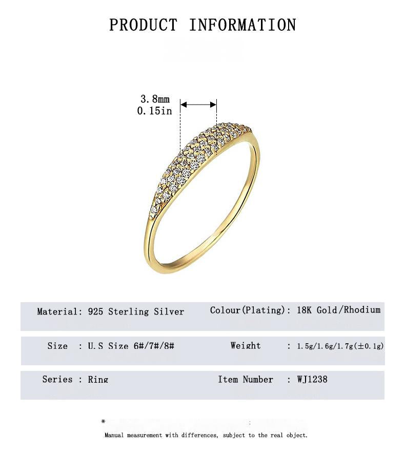 “Flat lay of S925 sterling silver full-pavé zircon ring with elegant shine”Gold ring with product information on a white background