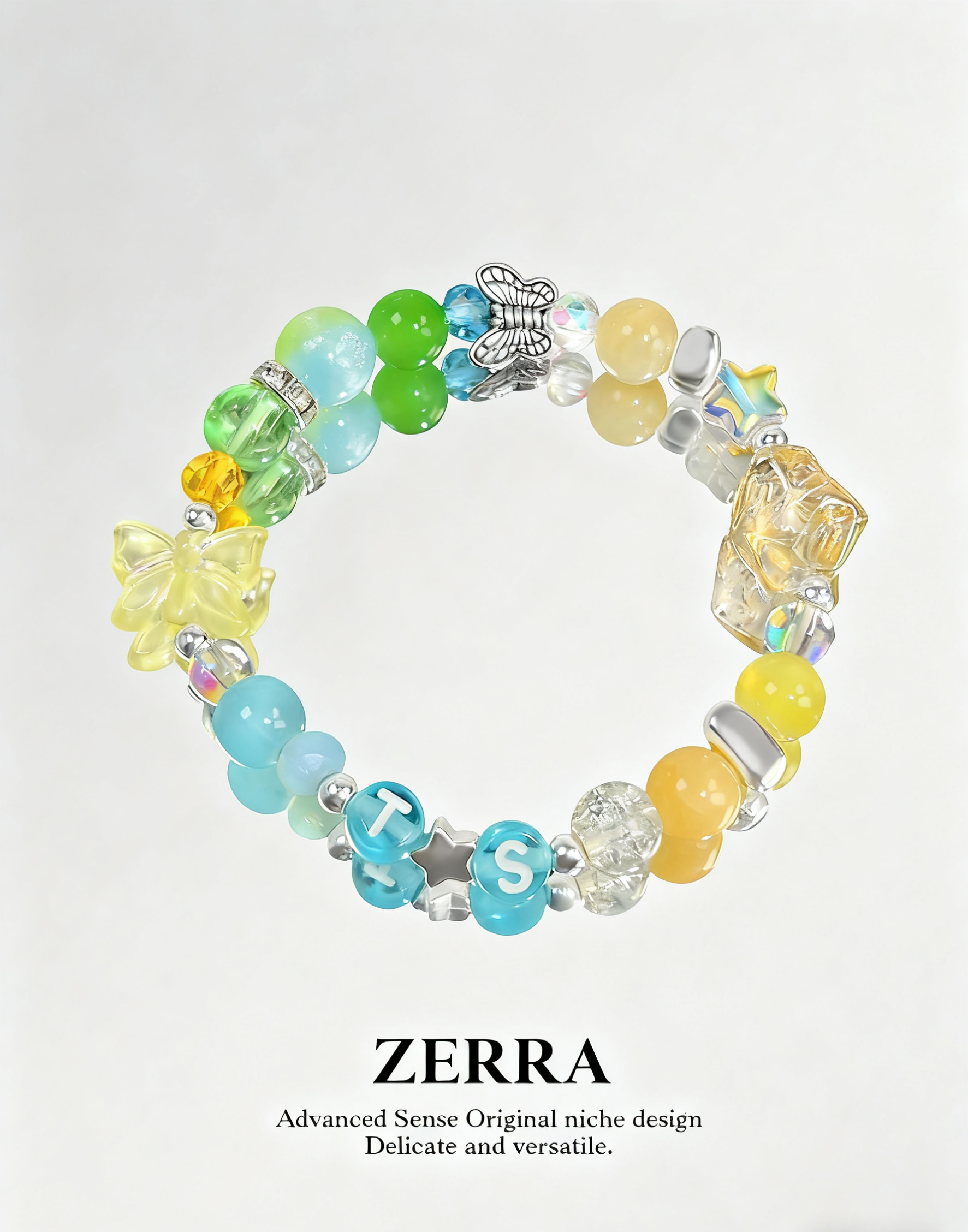 Colorful beaded bracelet with butterfly charms on a light gray background, featuring the brand 'Zerra'.