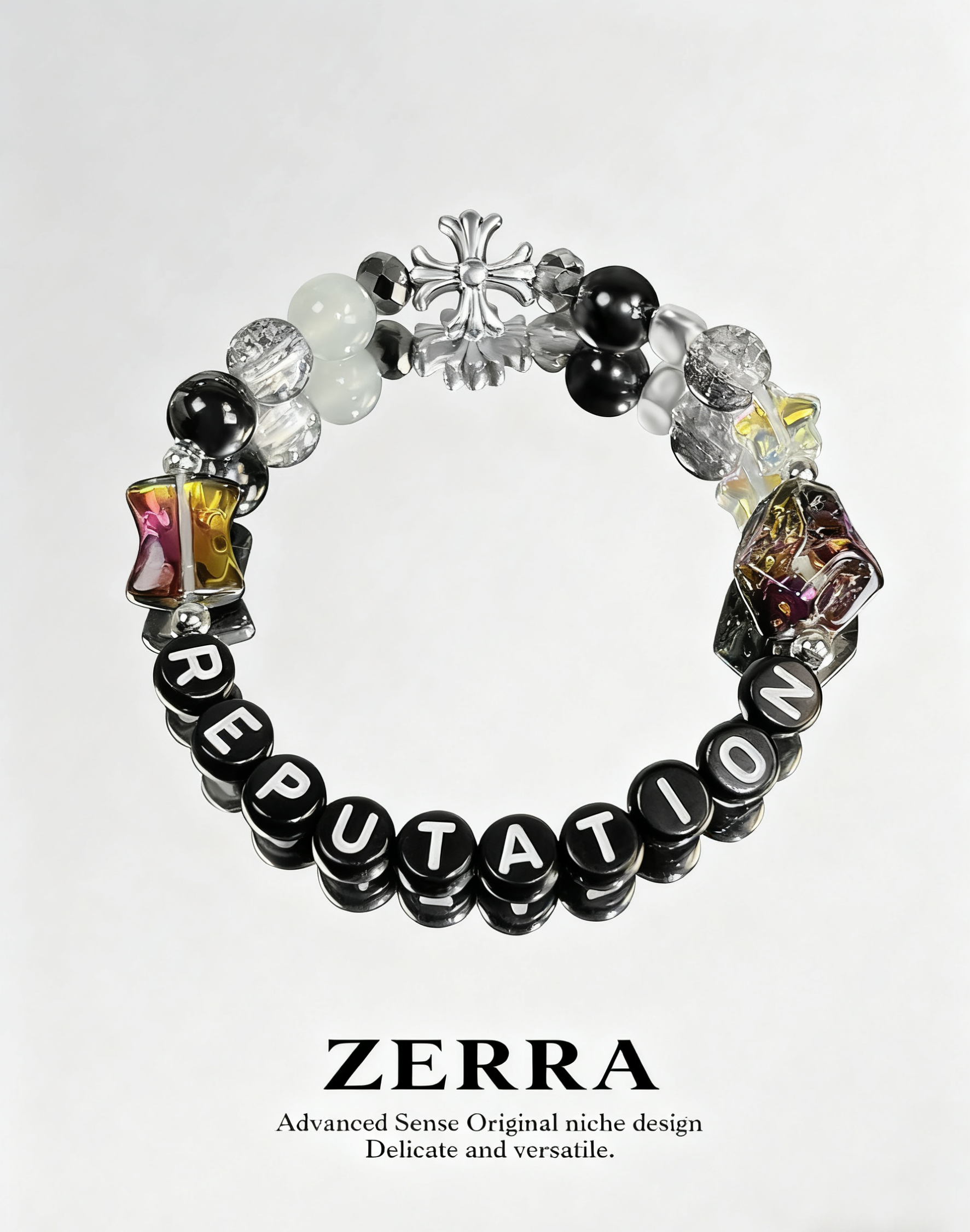Beaded bracelet with colorful beads and letter beads spelling 'REPUTATION' on a white background, branded 'Zerra'.