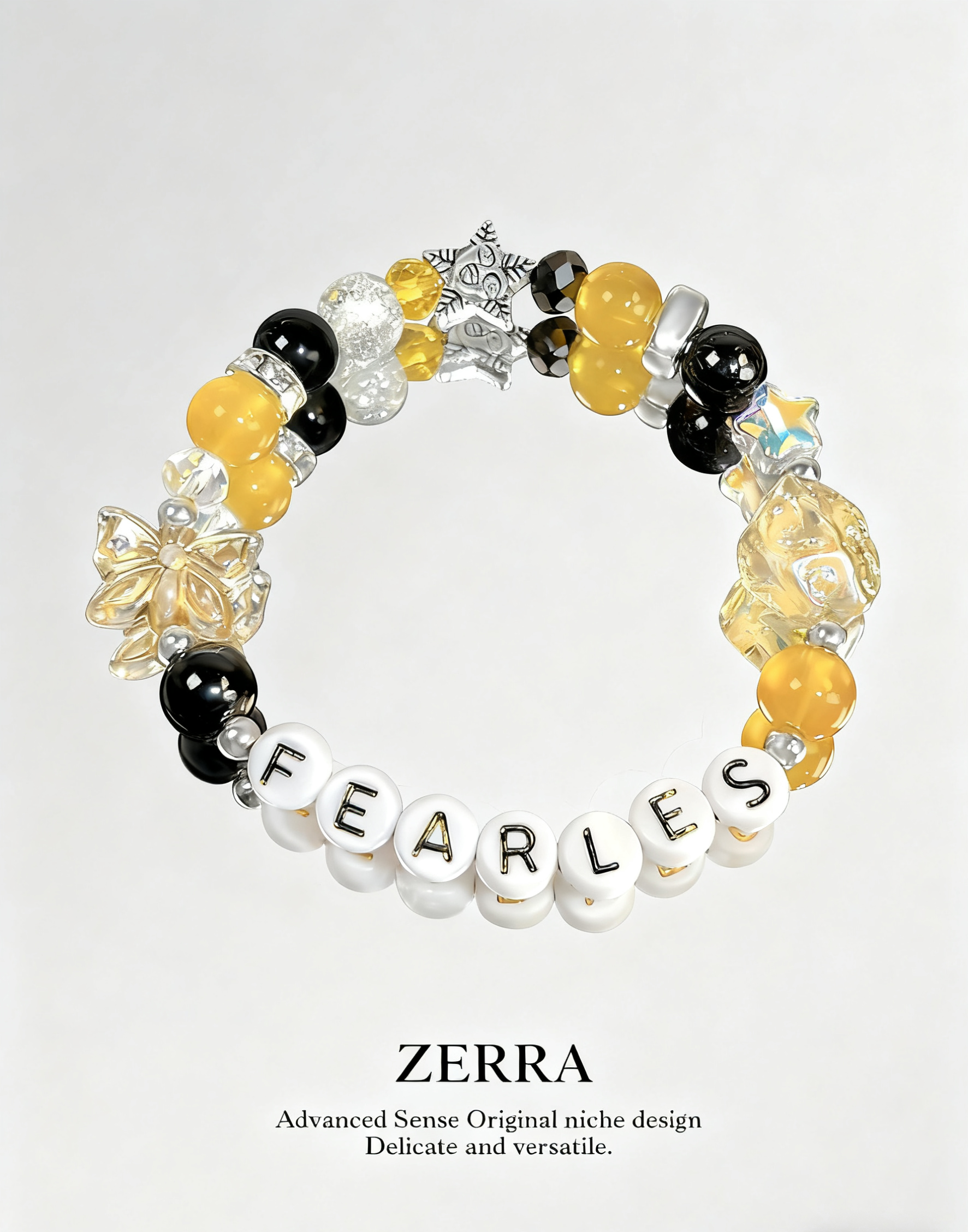 Bracelet with yellow, black, and white beads spelling 'FEARLES' on a light gray background.