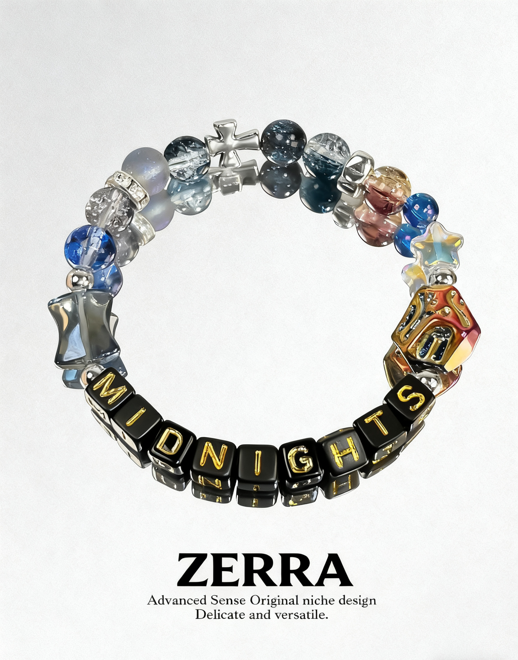 Colorful beaded bracelet with 'Midnights' and 'Zerra' branding on a white background