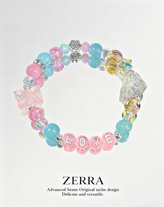 Colorful beaded bracelet with 'LOVE' beads and Zerra branding on a light gray background