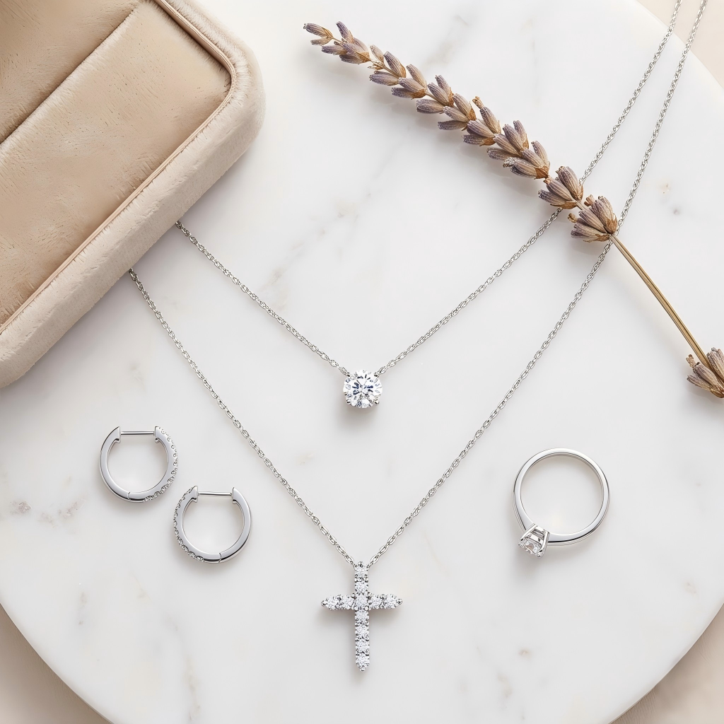 Silver jewelry set including necklace, ring, and earrings on a marble surface with a lavender branch.